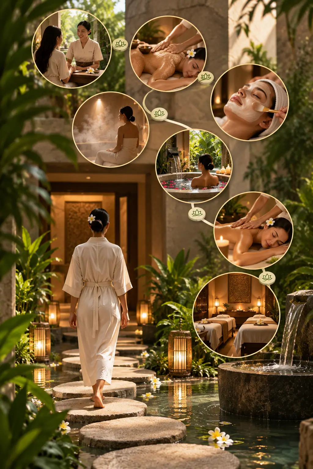 A guest walking toward the treatment rooms through the Symphony Bali Spa gardens